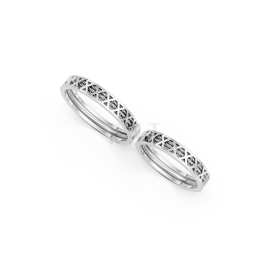 Nhẫn cưới E823 hoạ tiết đá đính quanh thân nhẫn màu vàng trắng White Gold kiểu dáng cá tính, hiện đại