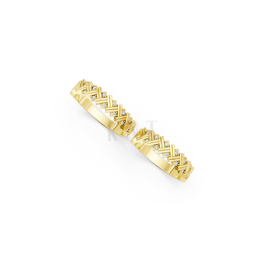 Nhẫn cưới E827 họa tiết đan chéo độc đáo và hiện đại màu Vàng Gold vàng 10K/14K/18K/607 đính đá nhỏ, thanh lịch