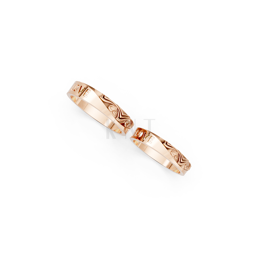 Nhẫn cưới E830 phong cách hiện đại, khắc chữ LOVE tinh tế màu vàng hồng Rose Gold vàng đẹp, họa tiết hình học, độc đáo