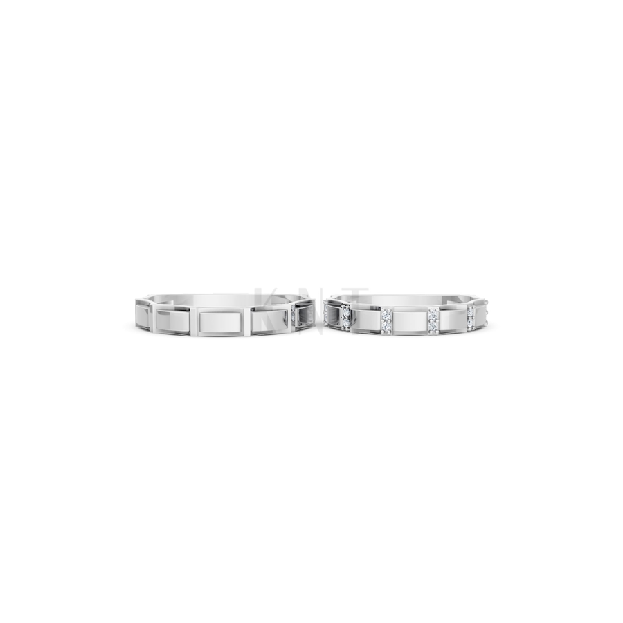 Nhẫn cưới E831 phong cách hiện đại, đính đá đan xen màu vàng trắng White Gold vàng sáng, đường nét sắc sảo, tinh tế