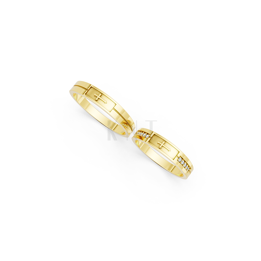 Nhẫn cưới E835 phong cách hiện đại, họa tiết thánh giá màu Vàng Gold vàng 10K/14K/18K/607 đính đá nhỏ, thanh lịch