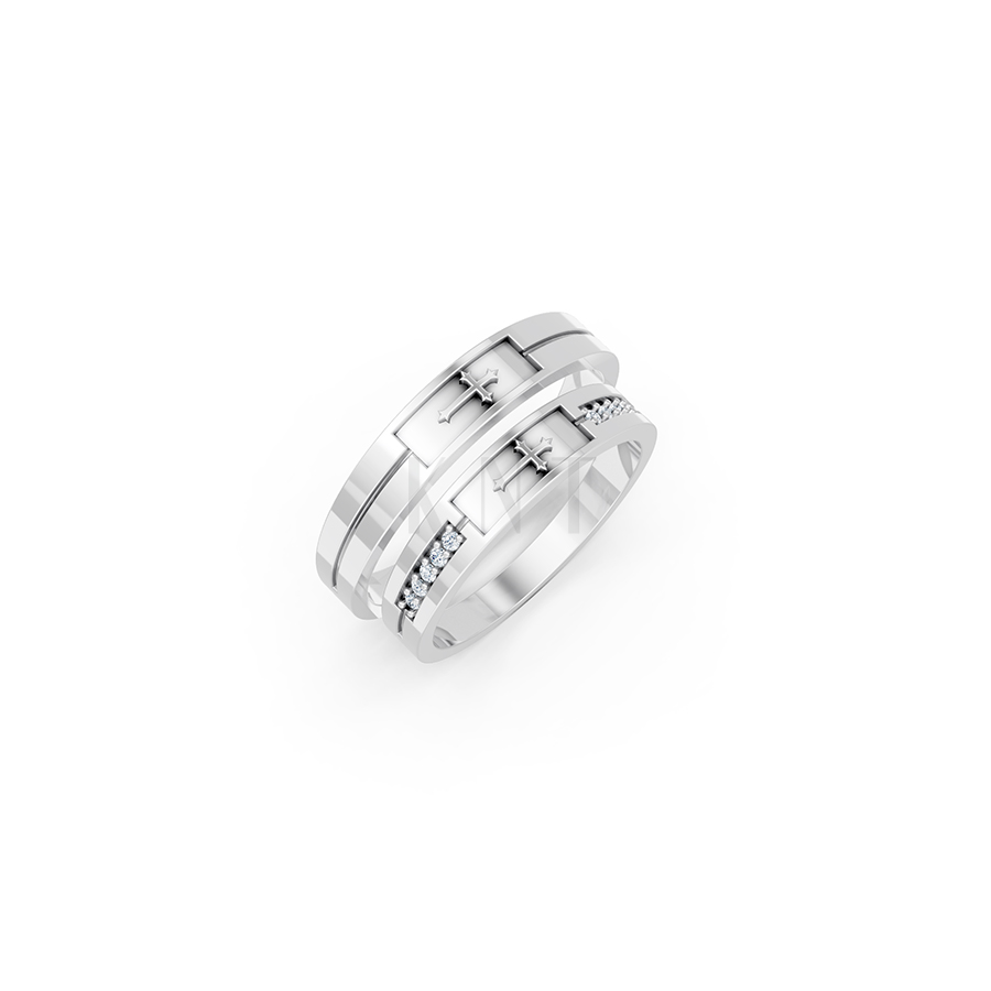 Nhẫn cưới E835 phong cách hiện đại, họa tiết thánh giá màu vàng trắng White Gold kiểu dáng hiện đại, nổi bật