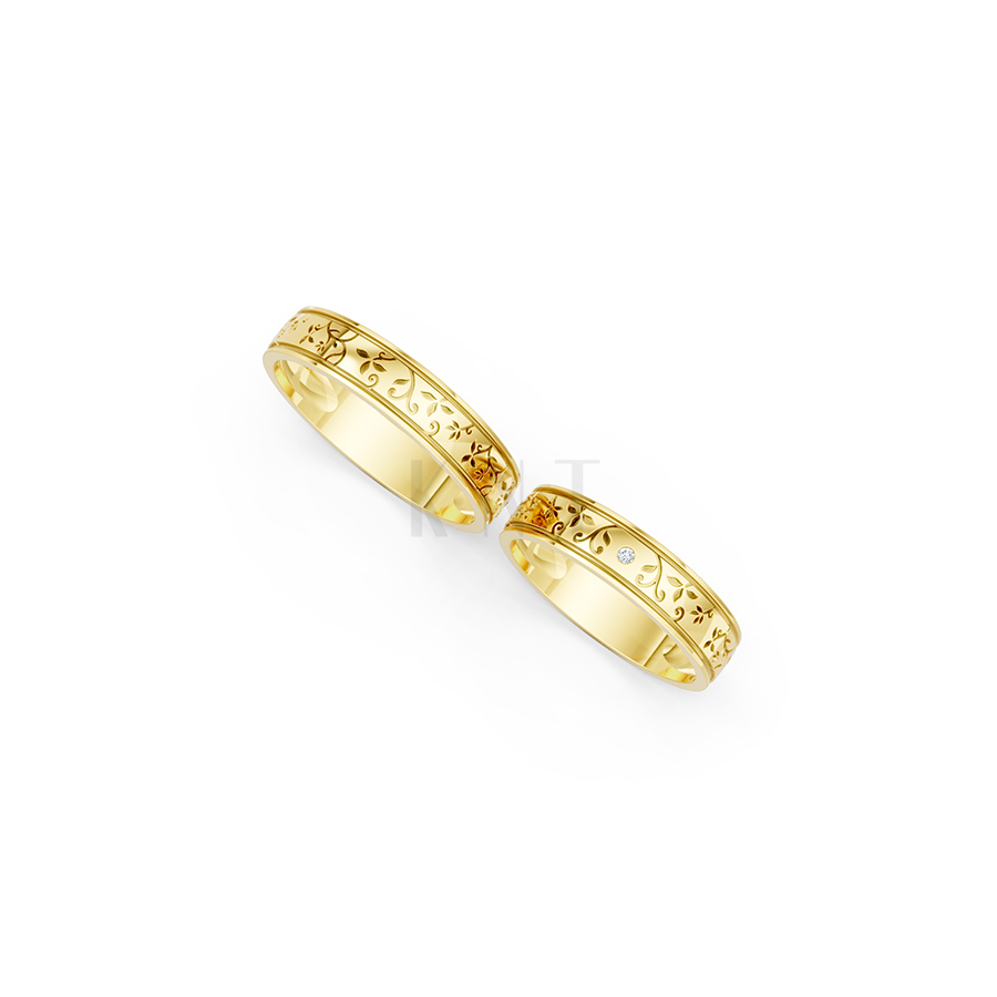 Nhẫn cưới E838 họa tiết hoa lá, phong cách cổ điển màu Vàng Gold vàng 10K/14K/18K/607 đính đá nhỏ, thanh lịch