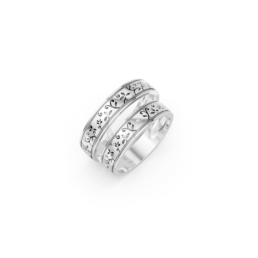 Nhẫn cưới E838 họa tiết hoa lá, phong cách cổ điển màu vàng trắng White Gold kiểu dáng hiện đại, nổi bật