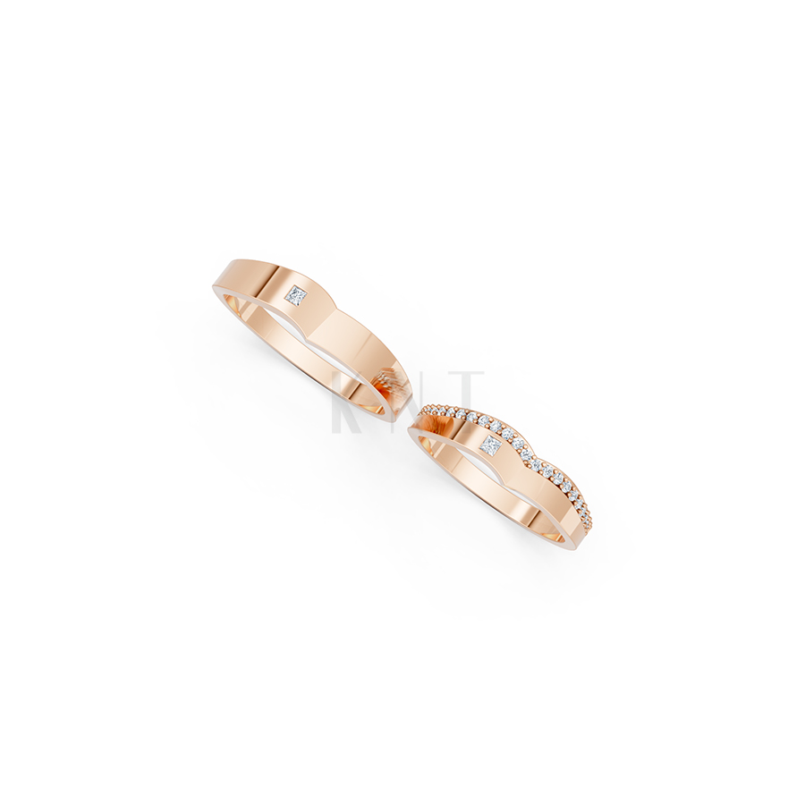 Nhẫn cưới E839 dáng chữ V độc đáo, phong cách hiện đại màu vàng hồng Rose Gold vàng đẹp, họa tiết hình học, độc đáo