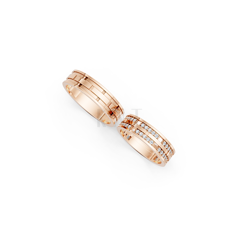 Nhẫn cưới E841 bản nhẫn lớn đính đá lấp lánh, tinh xảo màu vàng hồng Rose Gold vàng đẹp, họa tiết hình học, độc đáo