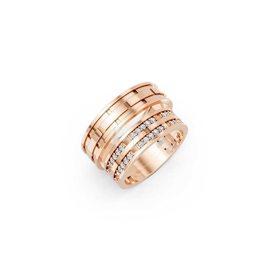 Nhẫn cưới E841 bản nhẫn lớn đính đá lấp lánh, tinh xảo màu vàng hồng Rose Gold họa tiết ấn tượng, cá tính