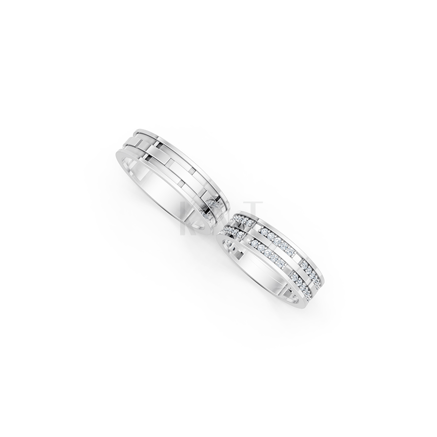 Nhẫn cưới E841 bản nhẫn lớn đính đá lấp lánh, tinh xảo màu vàng trắng White Gold kiểu dáng cá tính, hiện đại