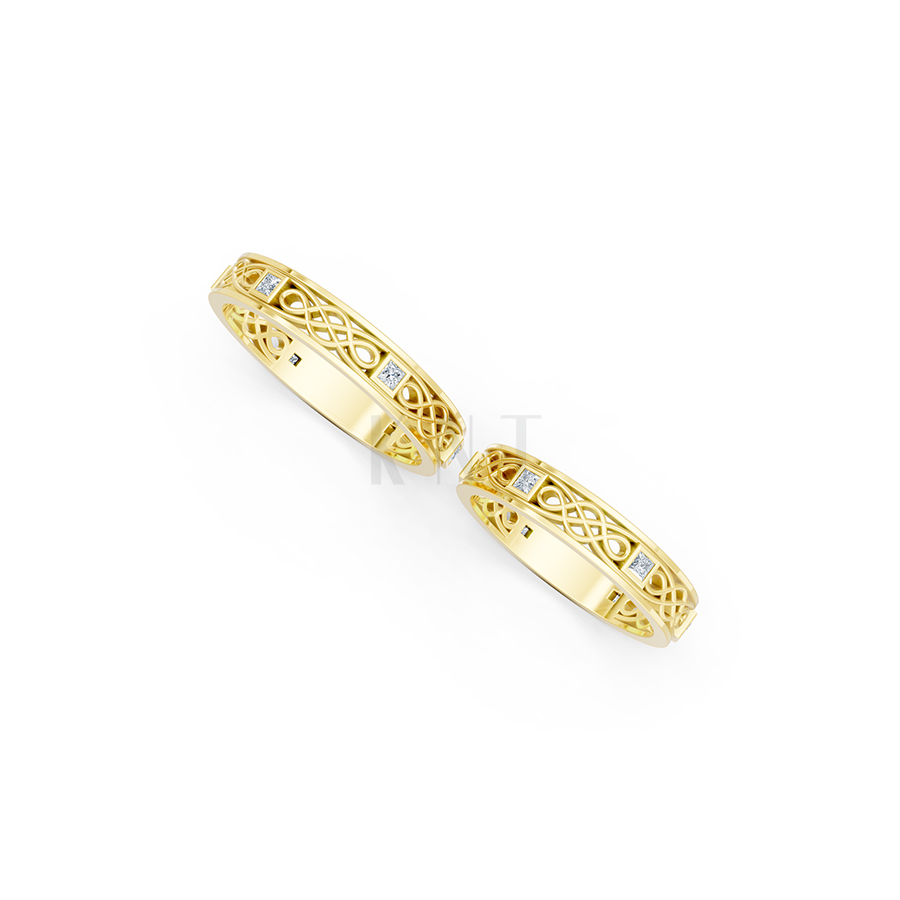 Nhẫn cưới E842 phong cách hiện đại, họa tiết đan chéo màu Vàng Gold vàng 10K/14K/18K/607 đính đá nhỏ, thanh lịch