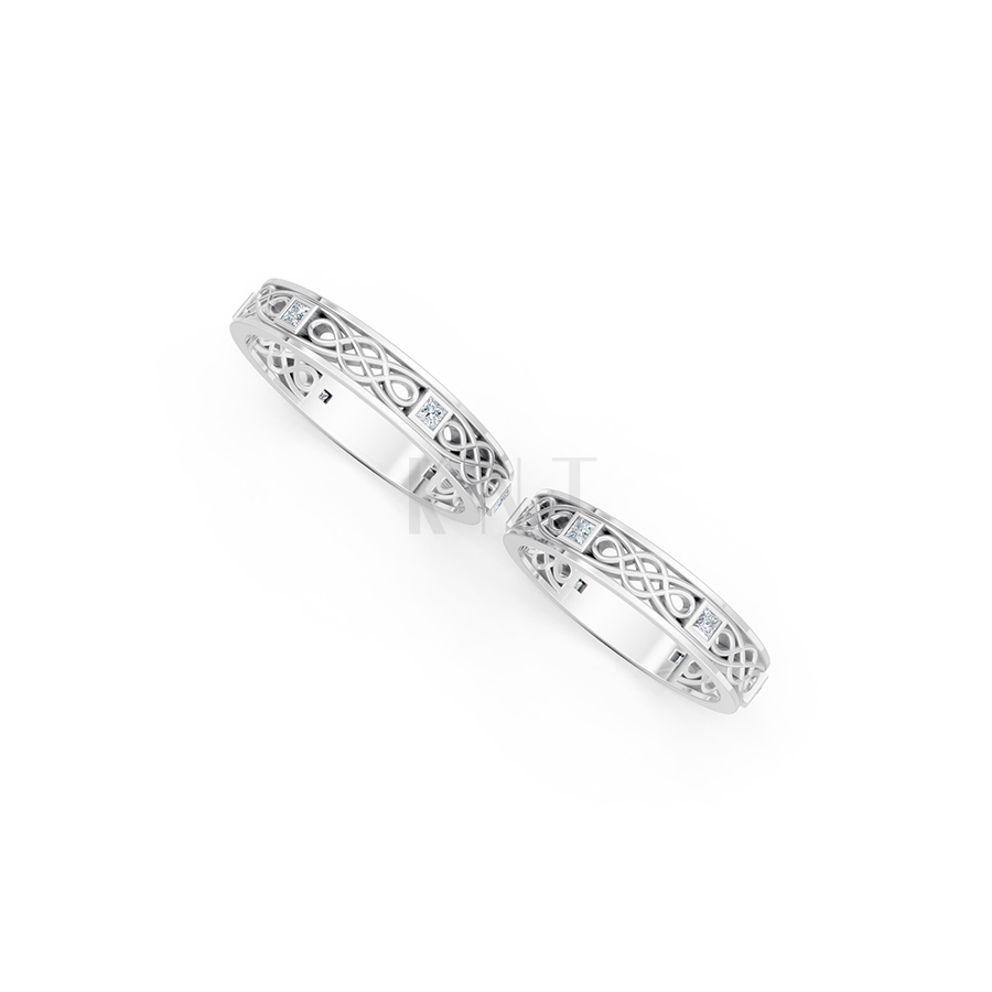 Nhẫn cưới E842 phong cách hiện đại, họa tiết đan chéo màu vàng trắng White Gold kiểu dáng cá tính, hiện đại