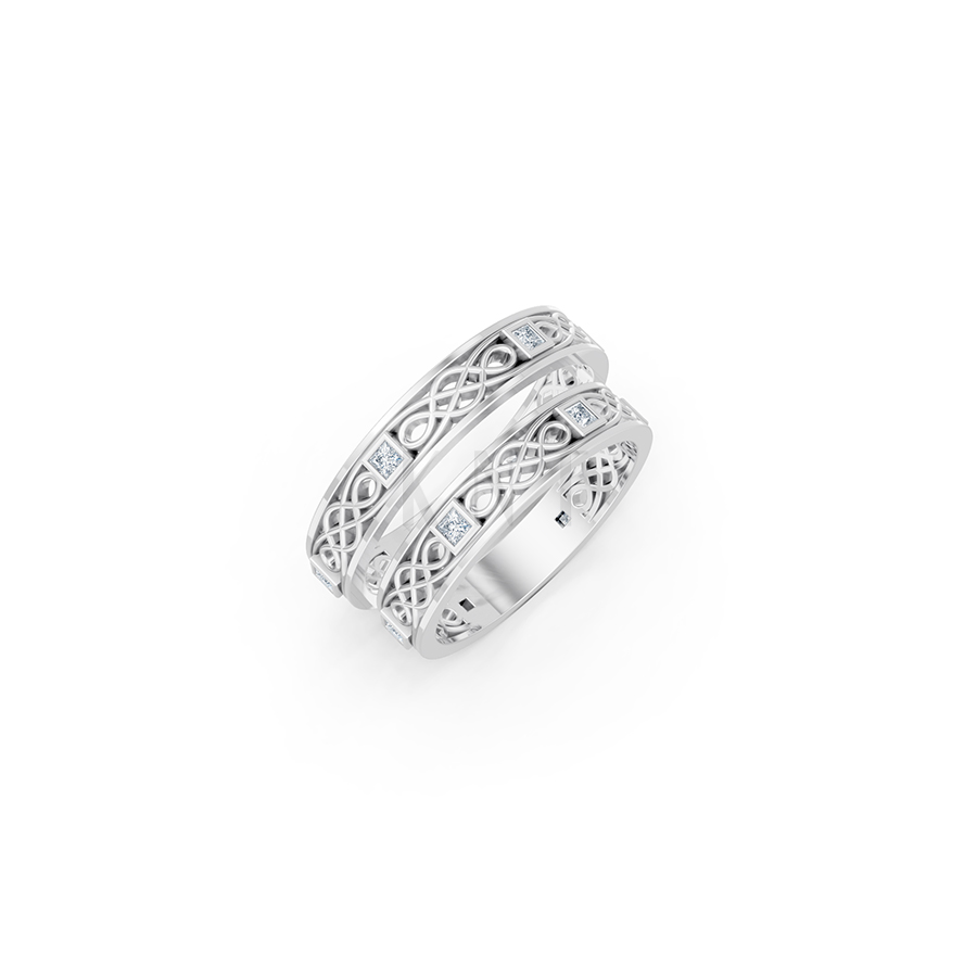 Nhẫn cưới E842 phong cách hiện đại, họa tiết đan chéo màu vàng trắng White Gold kiểu dáng hiện đại, nổi bật