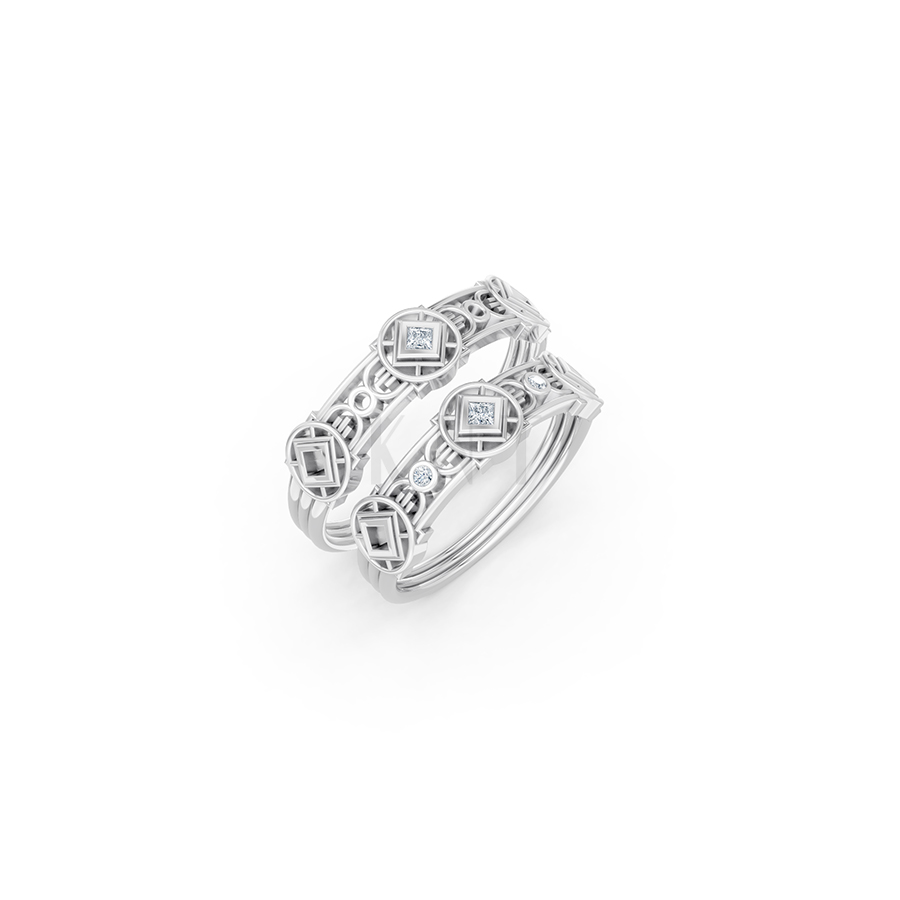 Nhẫn cưới E847 phong cách cổ điển, hình học đối xứng màu vàng trắng White Gold kiểu dáng hiện đại, nổi bật