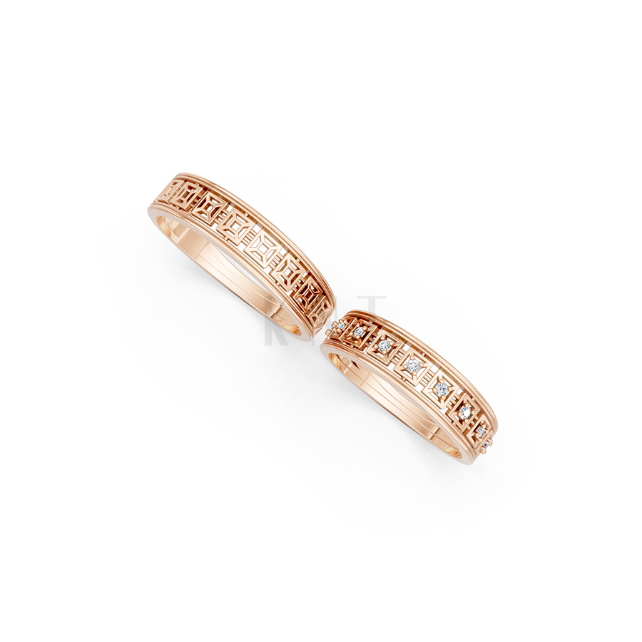 Nhẫn cưới E848 phong cách truyền thống, hoạ tiết vuông độc đáo màu vàng hồng Rose Gold thiết kế đối xứng, phong cách, ấn tượng