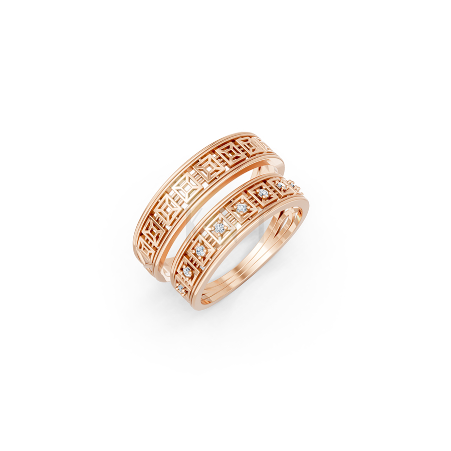 Nhẫn cưới E848 phong cách truyền thống, hoạ tiết vuông độc đáo màu vàng hồng Rose Gold họa tiết ấn tượng, cá tính