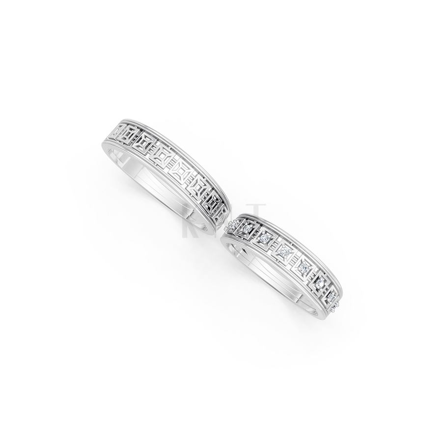 Nhẫn cưới E848 phong cách truyền thống, hoạ tiết vuông độc đáo màu vàng trắng White Gold kiểu dáng cá tính, hiện đại