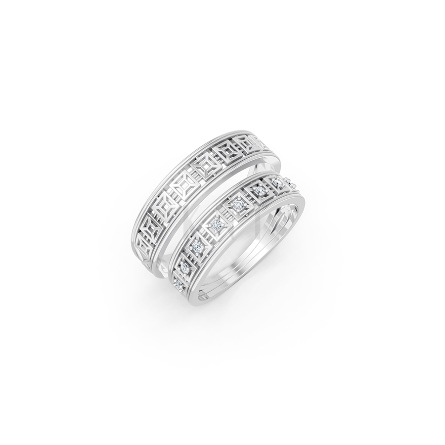 Nhẫn cưới E848 phong cách truyền thống, hoạ tiết vuông độc đáo màu vàng trắng White Gold kiểu dáng hiện đại, nổi bật
