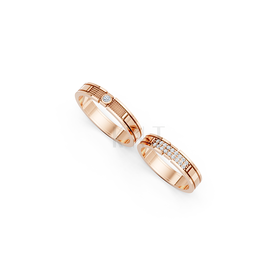 Nhẫn cưới E853 phong cách hiện đại, họa tiết lưới độc đáo màu vàng hồng Rose Gold thiết kế đối xứng, phong cách, ấn tượng