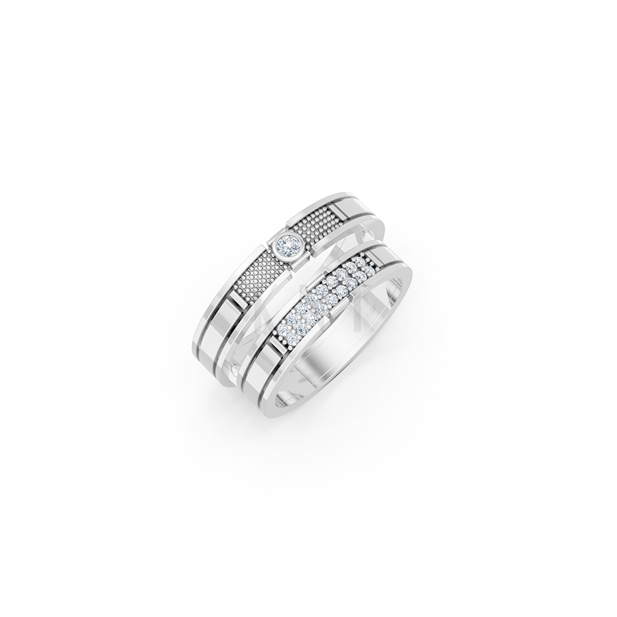 Nhẫn cưới E853 phong cách hiện đại, họa tiết lưới độc đáo màu vàng trắng White Gold kiểu dáng hiện đại, nổi bật