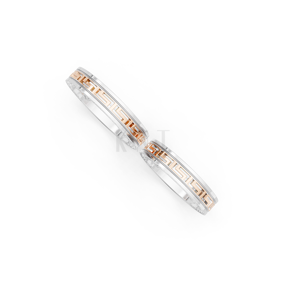 Nhẫn cưới E855 họa tiết Hy Lạp cổ điển chạm khắc tỉ mỉ phối màu Dual Color vàng đẹp, họa tiết hình học, độc đáo