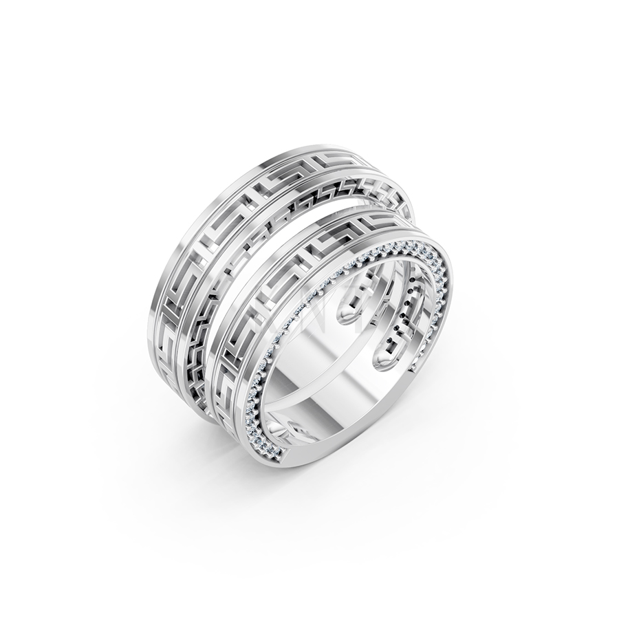 Nhẫn cưới E855 họa tiết Hy Lạp cổ điển chạm khắc tỉ mỉ màu vàng trắng White Gold kiểu dáng hiện đại, nổi bật