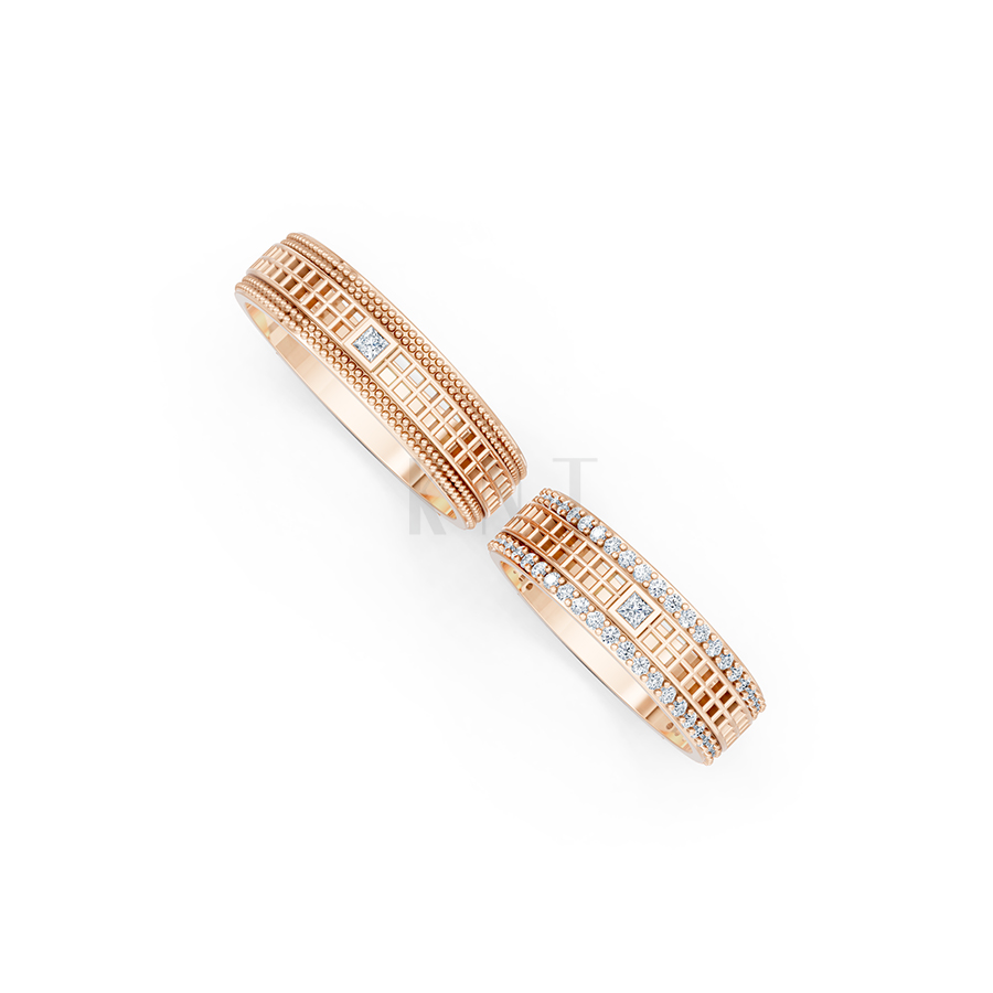 Nhẫn cưới E863 họa tiết lưới vuông tinh xảo và hiện đại màu vàng hồng Rose Gold vàng đẹp, họa tiết hình học, độc đáo