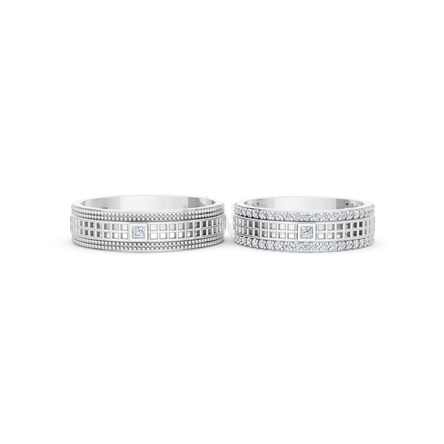 Nhẫn cưới E863 họa tiết lưới vuông tinh xảo và hiện đại màu vàng trắng White Gold vàng sáng bóng, thiết kế trẻ trung
