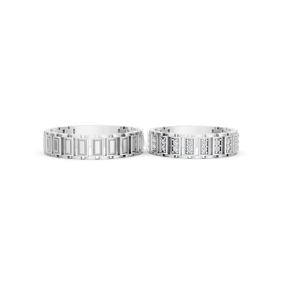 Nhẫn cưới E864 thiết kế độc đáo với phong cách hình học màu vàng trắng White Gold vàng sáng bóng, thiết kế trẻ trung