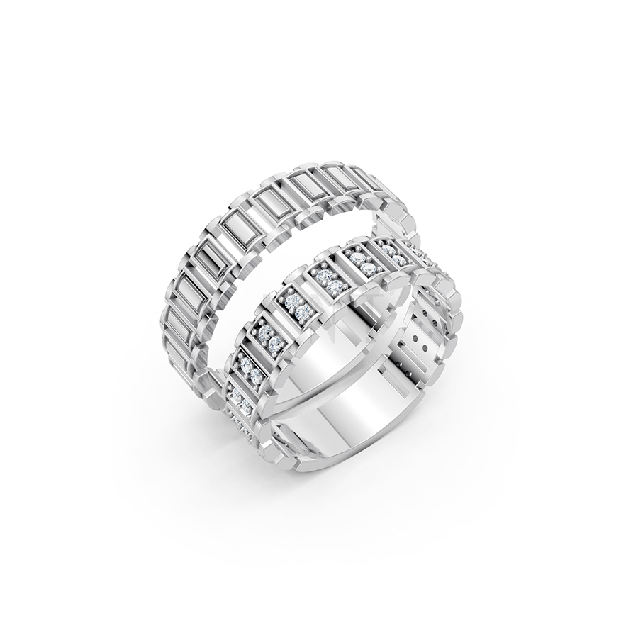 Nhẫn cưới E864 thiết kế độc đáo với phong cách hình học màu vàng trắng White Gold kiểu dáng hiện đại, nổi bật