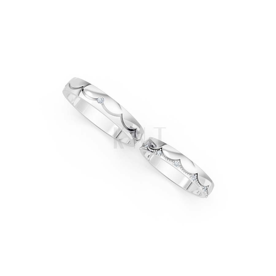 Nhẫn cưới E869 phong cách hiện đại, họa tiết sóng uốn lượn tinh tế màu vàng trắng White Gold vàng sáng, đường nét sắc sảo, tinh tế