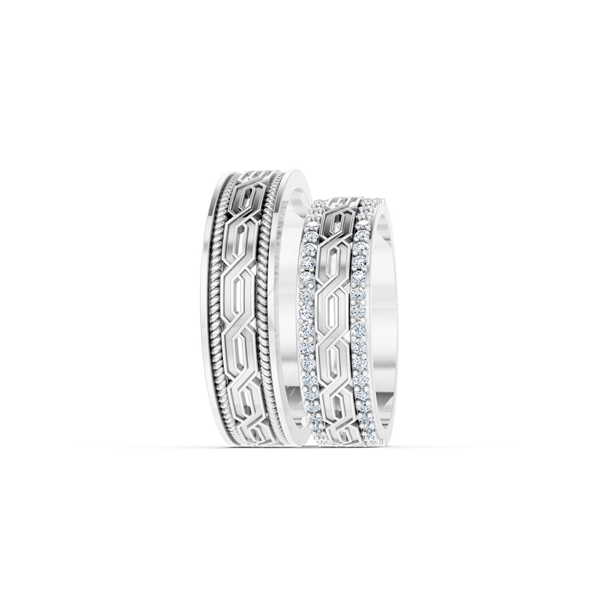 Nhẫn cưới E872 bản nhẫn lớn, họa tiết lục giác tinh xảo màu vàng trắng White Gold vàng sáng bóng, thiết kế trẻ trung