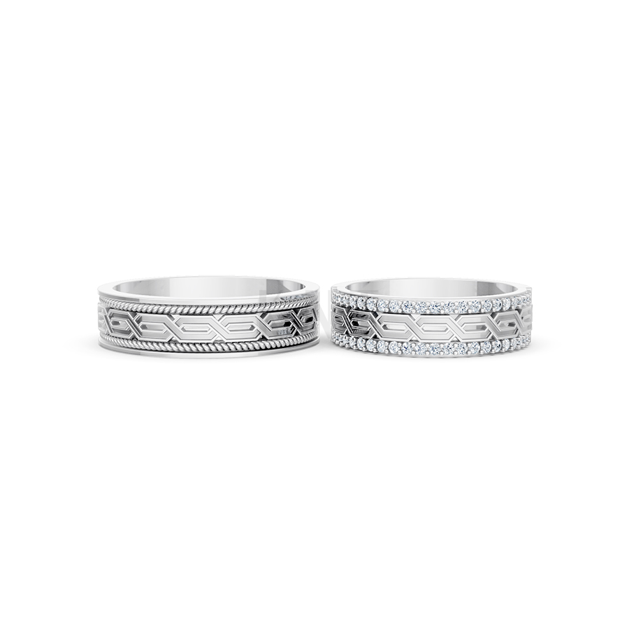 Nhẫn cưới E872 bản nhẫn lớn, họa tiết lục giác tinh xảo màu vàng trắng White Gold vàng sáng, đường nét sắc sảo, tinh tế