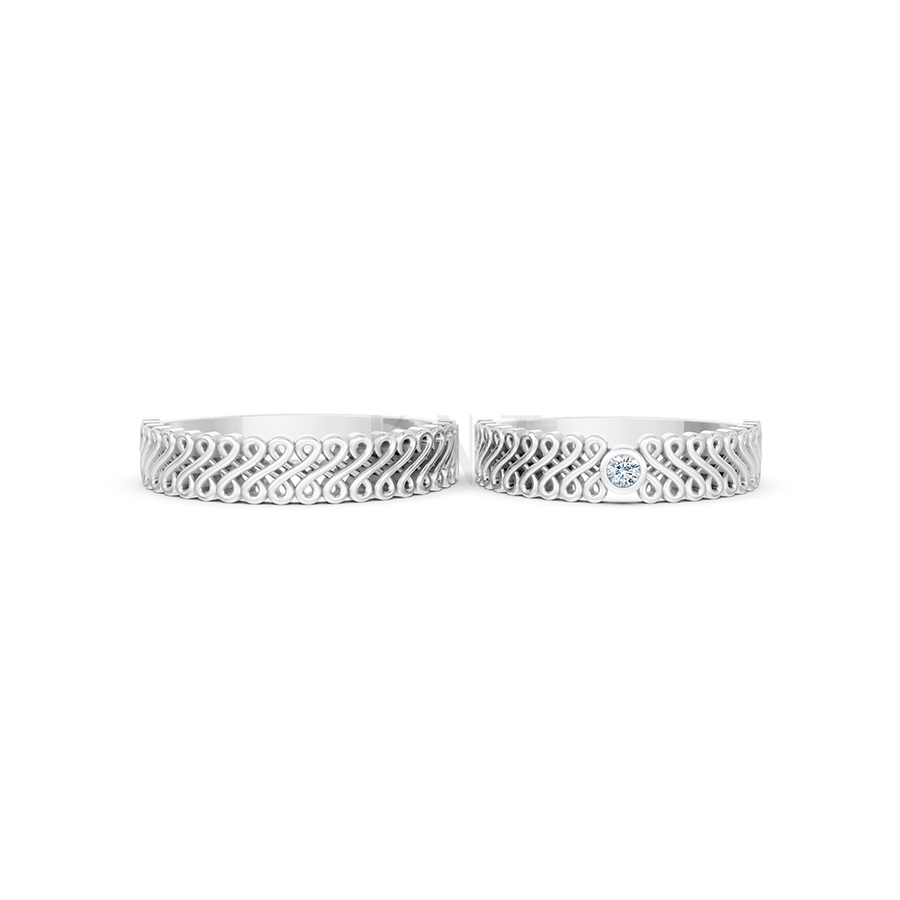 Nhẫn cưới E875 họa tiết mắt xích đan xen tinh tế và hiện đại màu vàng trắng White Gold vàng sáng bóng, thiết kế trẻ trung