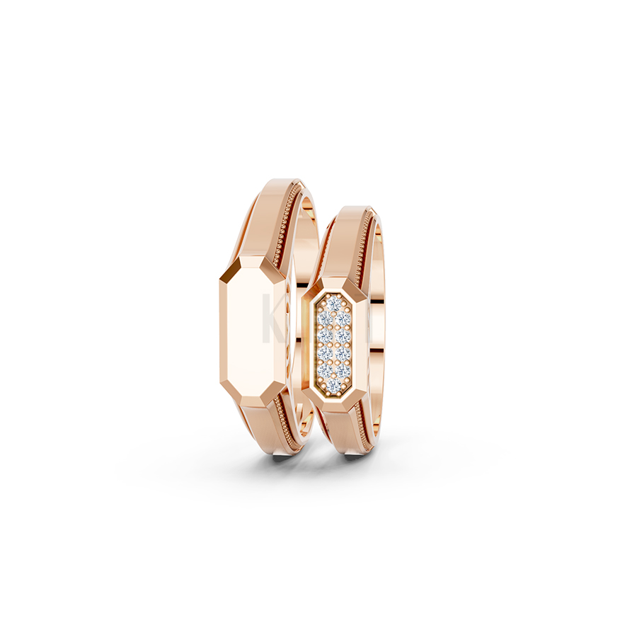 Nhẫn cưới E876 thiết kế hình khối độc đáo trên bề mặt nhẫn màu vàng hồng Rose Gold cặp đôi, phong cách trẻ trung, nổi bật