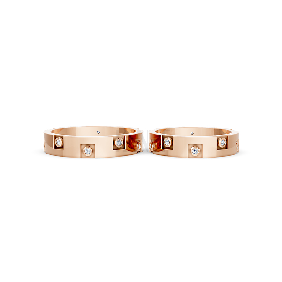 Nhẫn cưới E883 phong cách hiện đại, đính đá tròn lấp lánh màu vàng hồng Rose Gold thiết kế đối xứng, phong cách, ấn tượng