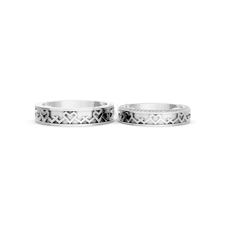 Nhẫn cưới E888 họa tiết trái tim đan xen quanh thân nhẫn màu vàng trắng White Gold vàng sáng bóng, thiết kế trẻ trung