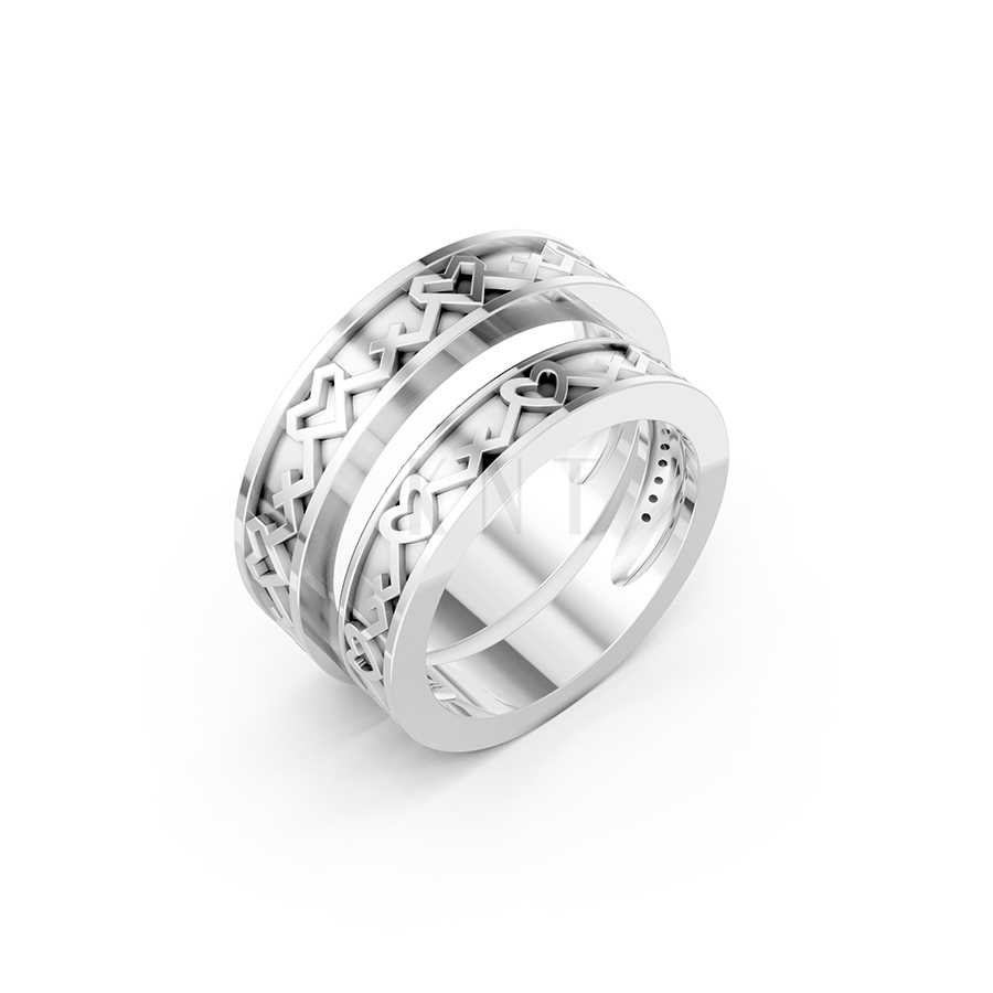 Nhẫn cưới E888 họa tiết trái tim đan xen quanh thân nhẫn màu vàng trắng White Gold kiểu dáng hiện đại, nổi bật