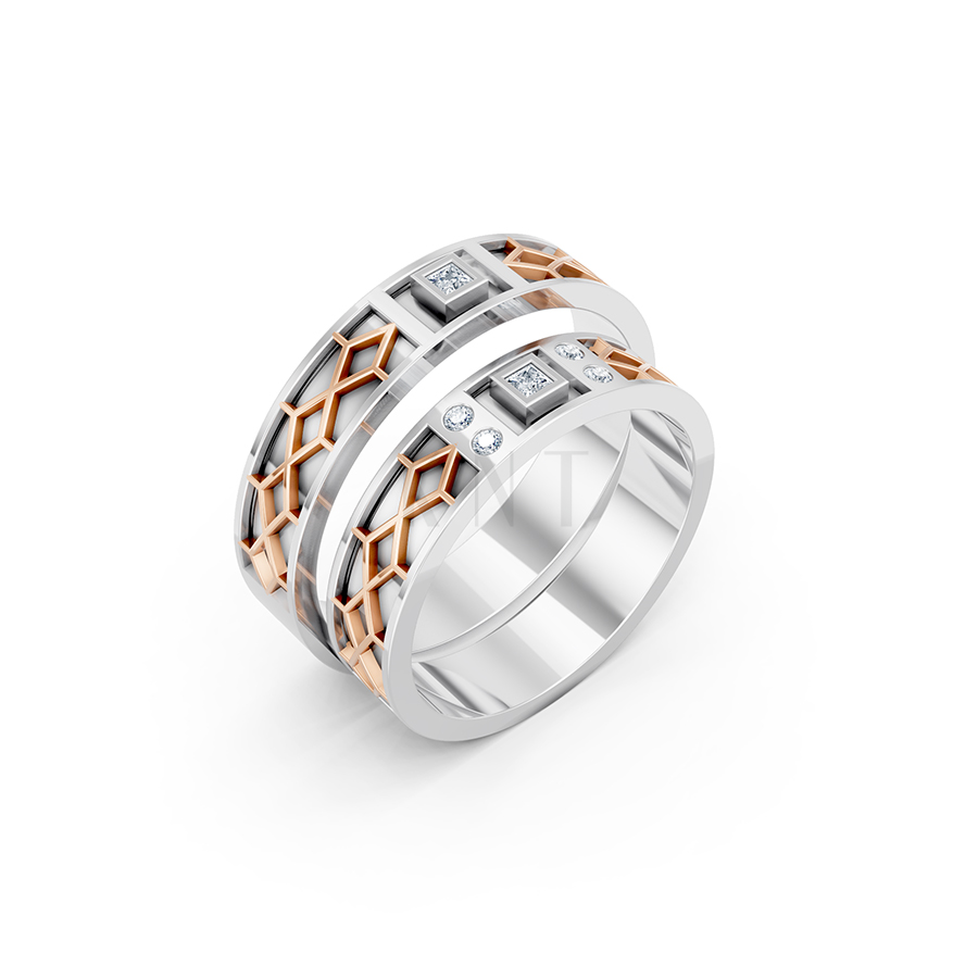 Nhẫn Cưới Collab Ceramic - E896 - Nhẫn cưới vàng tráng men đính đá phối màu Dual Color họa tiết ấn tượng, cá tính