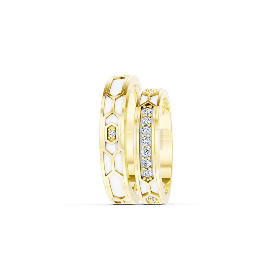 NHẪN CƯỚI COLLAB CERAMIC - E912 màu Vàng Gold đính đá trắng, thiết kế phá cách, sang trọng