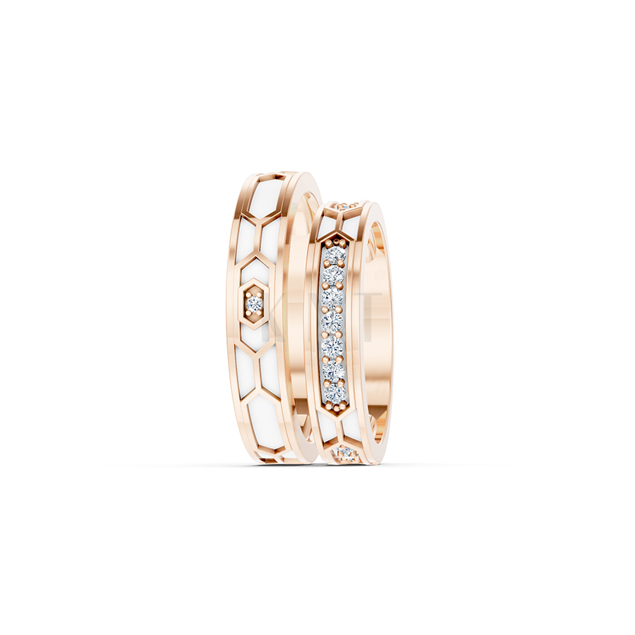 NHẪN CƯỚI COLLAB CERAMIC - E912 màu vàng hồng Rose Gold thiết kế đối xứng, phong cách, ấn tượng