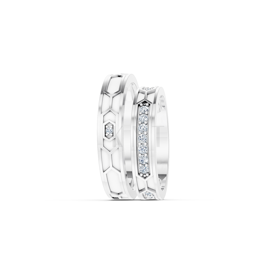 NHẪN CƯỚI COLLAB CERAMIC - E912 màu vàng trắng White Gold vàng sáng, đường nét sắc sảo, tinh tế