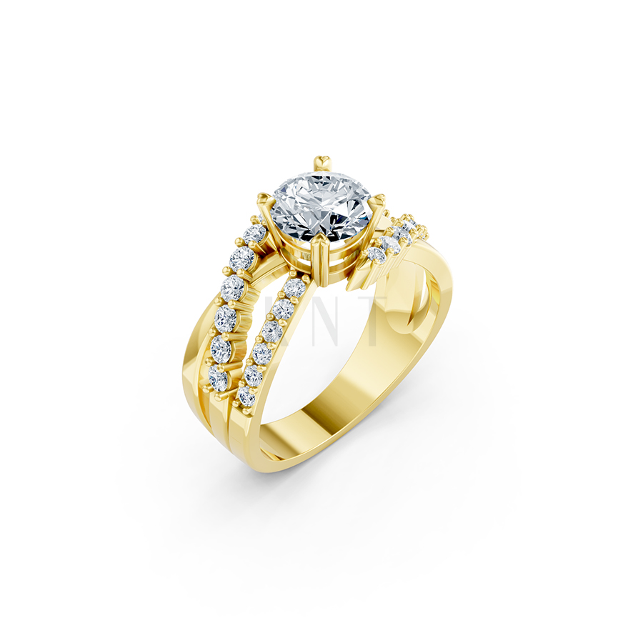 Nhẫn đính hôn R214 thiết kế hai dải uốn lượn đính đá nổi bật màu Vàng Gold thiết kế tinh tế, sang trọng