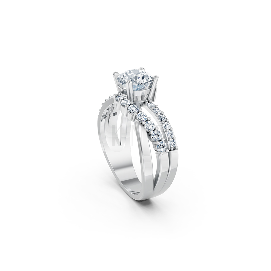 Nhẫn đính hôn R214 thiết kế hai dải uốn lượn đính đá nổi bật màu vàng trắng White Gold vàng sáng, đường nét sắc sảo, tinh tế