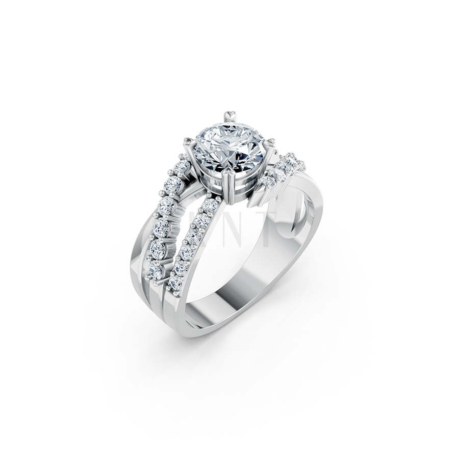 Nhẫn đính hôn R214 thiết kế hai dải uốn lượn đính đá nổi bật màu vàng trắng White Gold kiểu dáng hiện đại, nổi bật