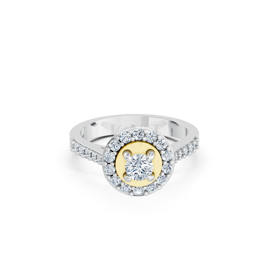 Nhẫn đính hôn đá US R227 ổ tròn hai tầng đá rực rỡ phối màu Dual Color vàng đẹp, họa tiết hình học, độc đáo