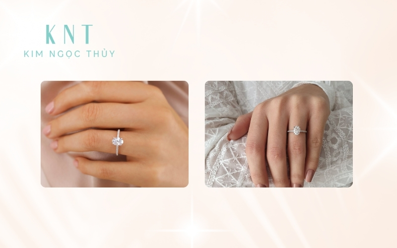 Thiết kế nhẫn đai mảnh, đá Oval giúp ngón tay mũm mĩm trông thon dài hơn