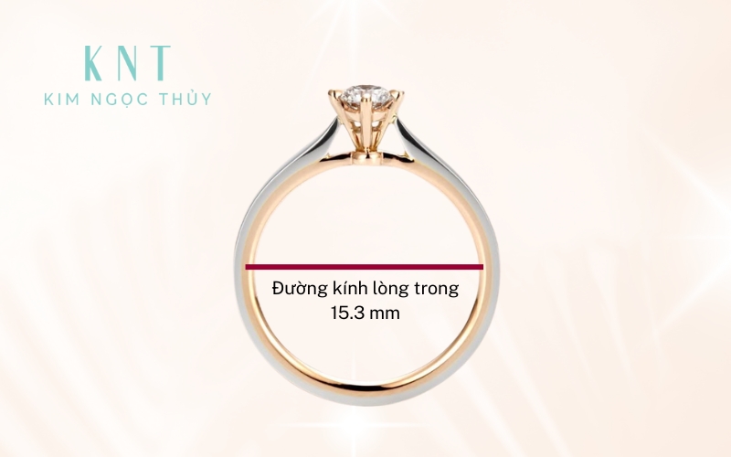 Nhẫn size 8 có đường kính lòng trong là 15.3 mm, minh họa bằng hình 2D có đường đỏ đi qua tâm