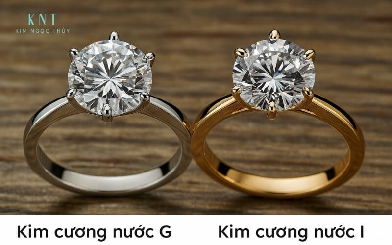 Nhẫn cưới vàng trắng, vàng chọn nước màu kim cương G, I
