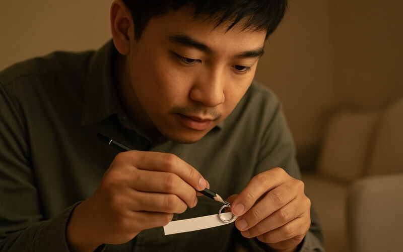 Chàng trai đang đo chiếc nhẫn của bạn gái