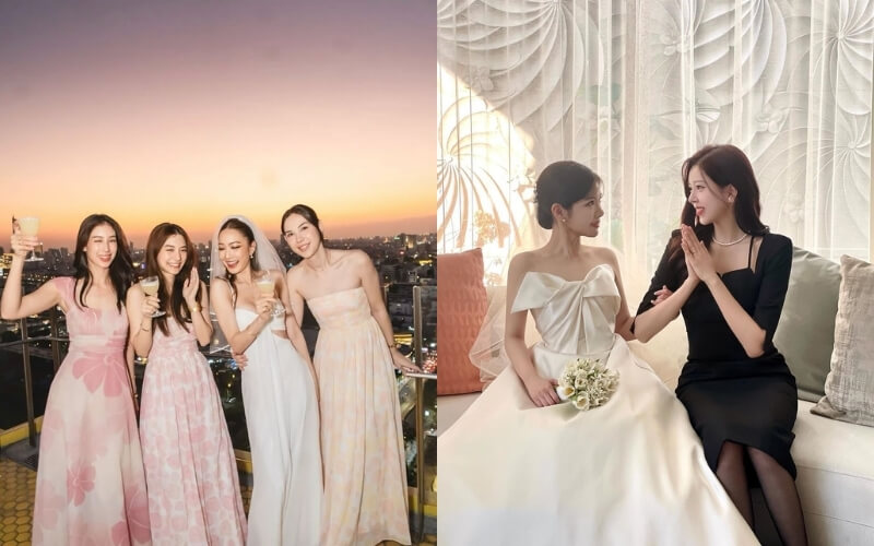 Khách mời mặc váy gam màu nhẹ nhàng, thanh lịch khi ở gần cô dâu