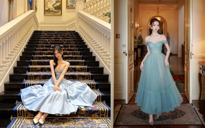 Đầm lụa màu xanh cổ vịt nhẹ nhàng, nữ tính